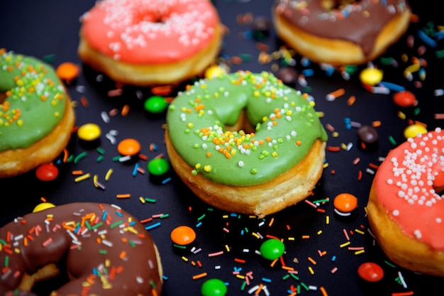 Sweet colorful donuts and candy on black background