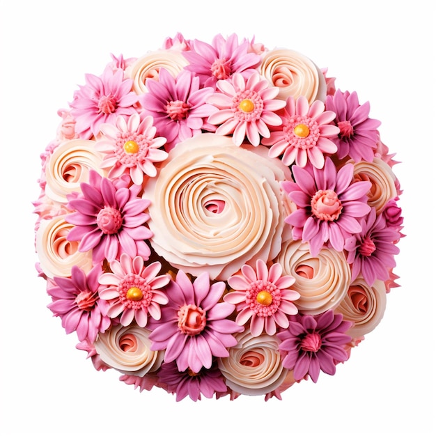 Sweet colorful flower cake top view on isolated white background