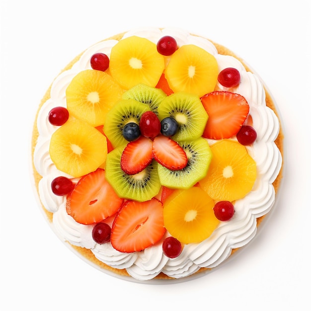 Sweet colorful fruit cake with variety of fruits top view on isolated white background