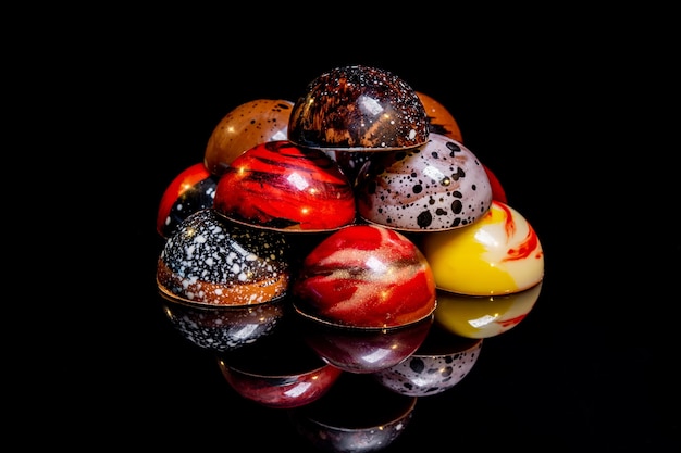 Sweet, colorful, glossy candies and handmade chocolates