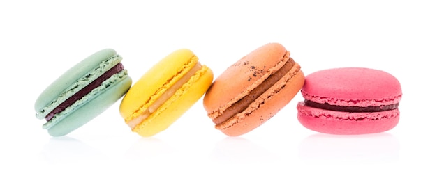 Sweet and colourful french macaroons or macaron isolated on white background