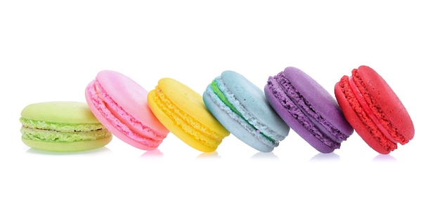 Sweet and colourful french macaroons or macaron on white background, Dessert.