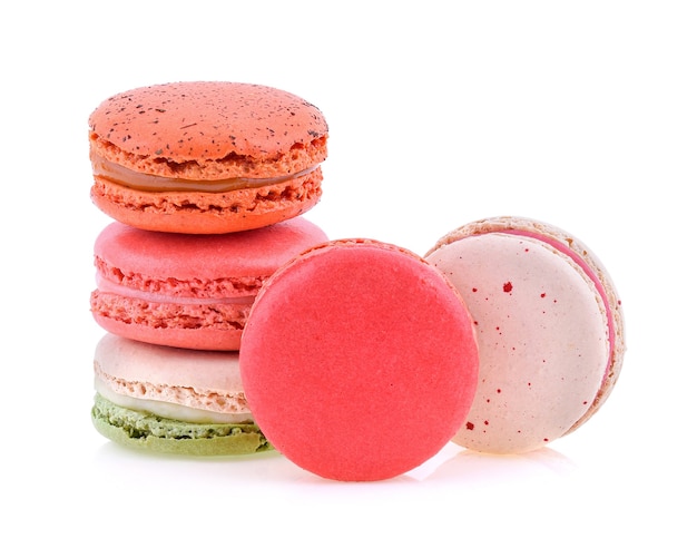 Sweet and colourful french macaroons or macaron on white background