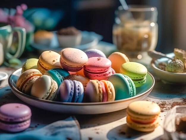 Sweet and colourful french macaroons on retrovintage background Ai generated