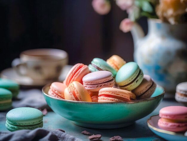 Sweet and colourful french macaroons on retrovintage background Ai generated