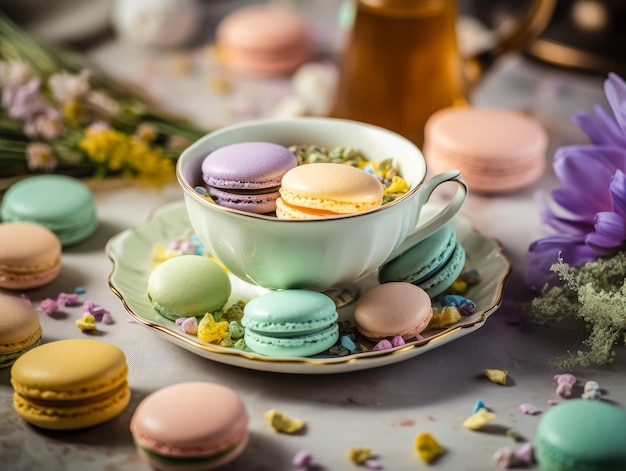 Sweet and colourful french macaroons on retrovintage background Ai generated