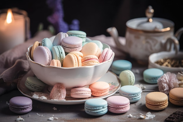 Sweet and colourful french macaroons on retrovintage background Ai generated