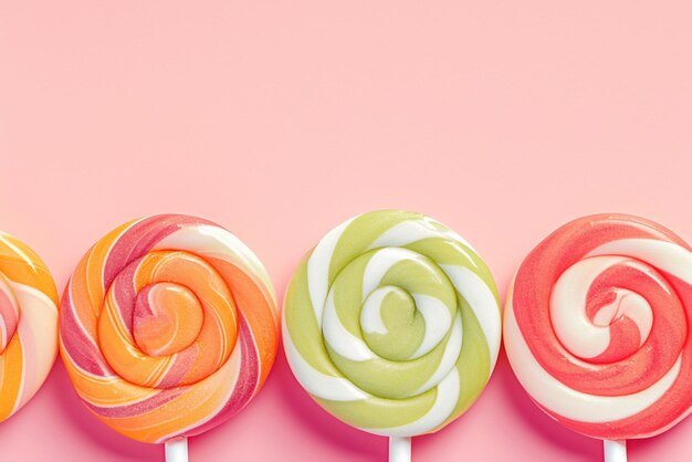 Sweet confectionery art Multicolored lollipops close up on pink background