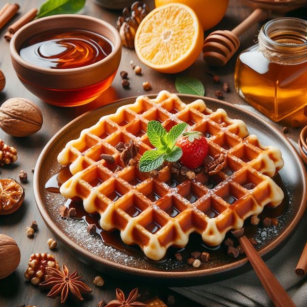 sweet cooked aromatic Belgian waffles in a plate on a wooden table