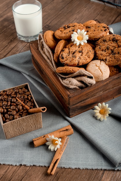 Sweet cookie box and a glass of milk