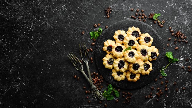 Sweet cookies with cherry filling Sweet pastries and dessert Top view