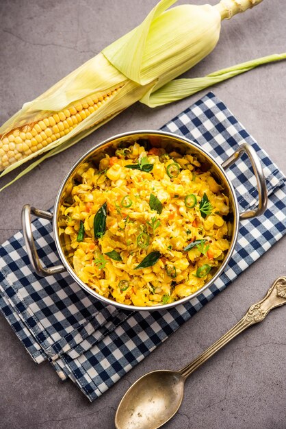 Sweet Corn Upma makai rava uppittu made using with or without semolina healthy Indian breakfast