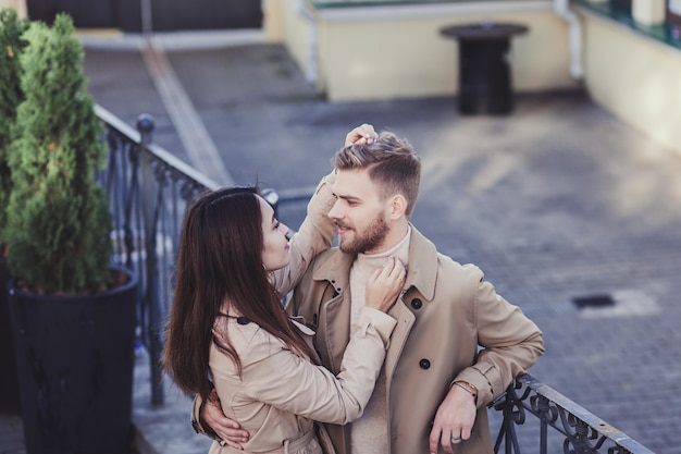 Sweet couple spending best leisure time in city, wear casual outfits