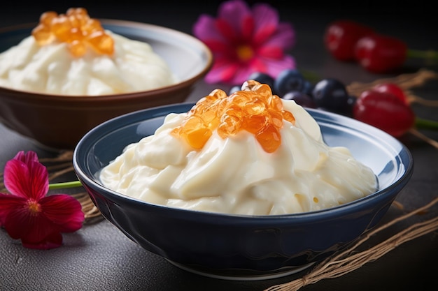 Sweet creamy desert with fruit jam on dark background Traditional kaymak yogurt milky meal