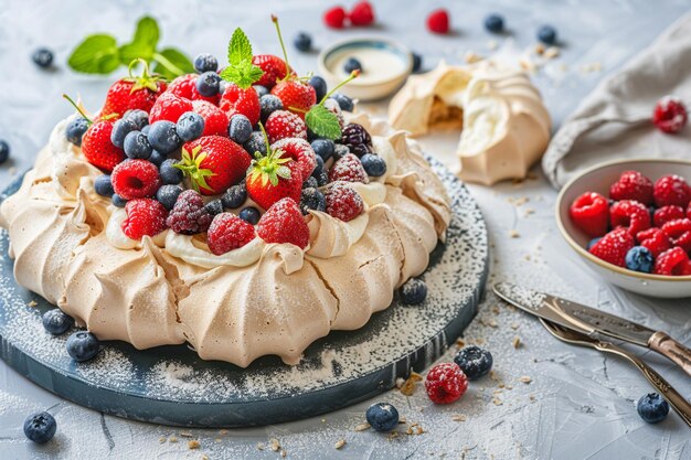 Sweet and creamy pavlova dessert with berries and meringue