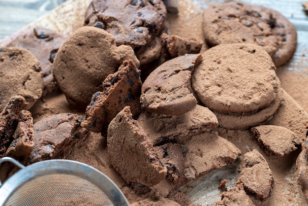 Sweet crispy dessert of chocolate cookies with chocolate