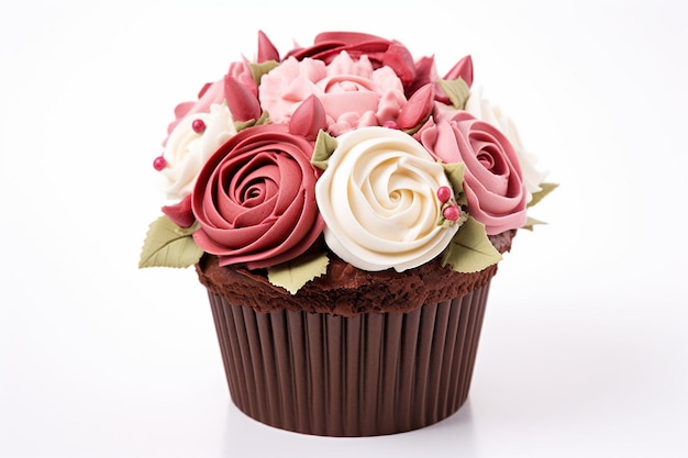 Sweet cupcake decorated with roses isolated on white background