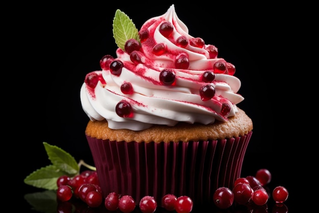 Sweet cupcake with cranberry on black bakground