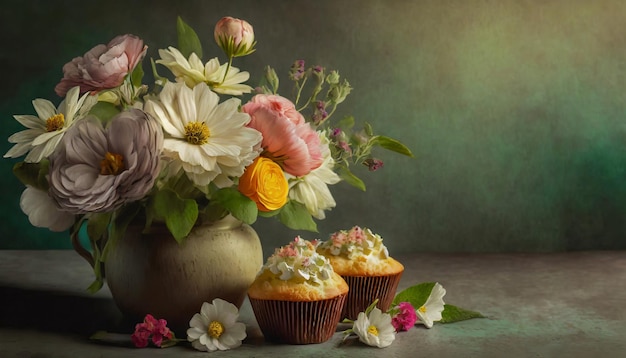 クリームと花の甘いカップケーキ 暗い背景
