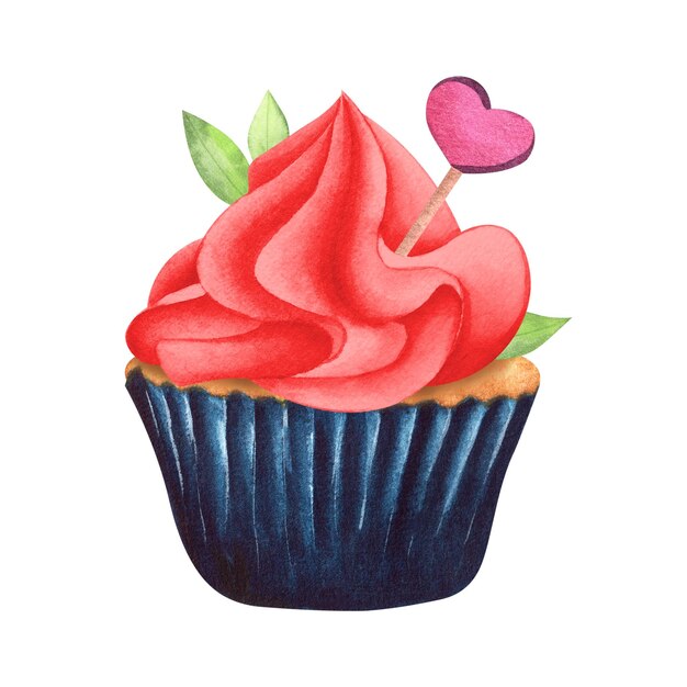 Sweet cupcake with decor and cream painted in watercolor and isolated on a white background