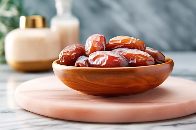 sweet dates out of wooden bowl on marble surface