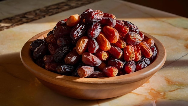 Sweet dates out of wooden bowl on marble surface