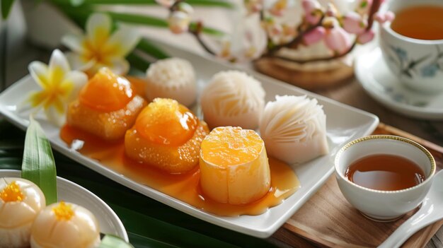 Photo sweet and delectable thai desserts including thong yip thong yod and foi thong