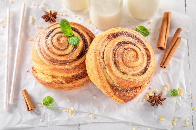 Sweet and delicious cinnamon rolls with sugar and cinnamon Popular Swedish dessert