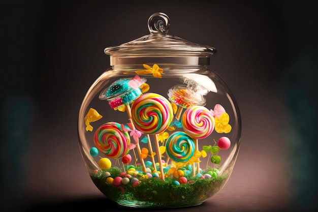 Sweet delicious easter candy in form of lollipops in gl jar