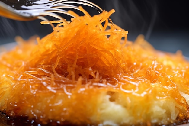 Sweet and delicious Kunafeh a dessert layered with cheese shredded pastry and sweet syrup