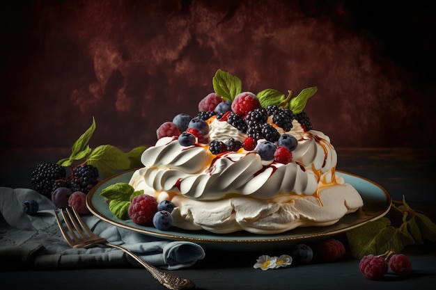 Sweet delicious meringue cake with berries and cream on plate