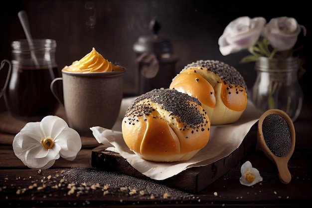 Sweet delicious poppy seed buns with black honey and cream