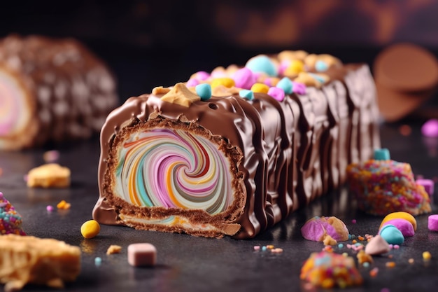 Sweet dessert chocolate ice cream roll in assorted fruit flavors generative ai