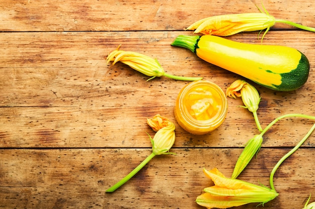 Sweet dessert of fresh zucchini jam. Delicious vegetable chutney.Copy space