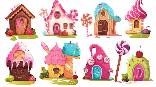 Photo sweet dessert homes for candyland design made of cake cookie chocolate lollipop ice cream and berries comic modern illustration set of cute fantasy dessert homes