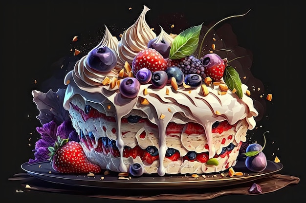 Sweet dessert meringue cake with large pieces of fruit and berries