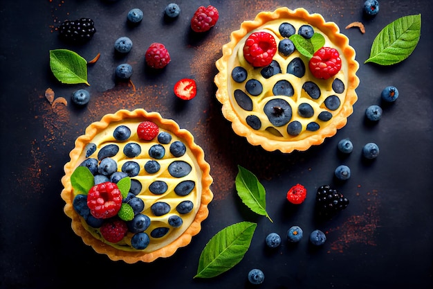 Сладкие десертные тарталетки с ягодами и сливками Generative AI Generative AI