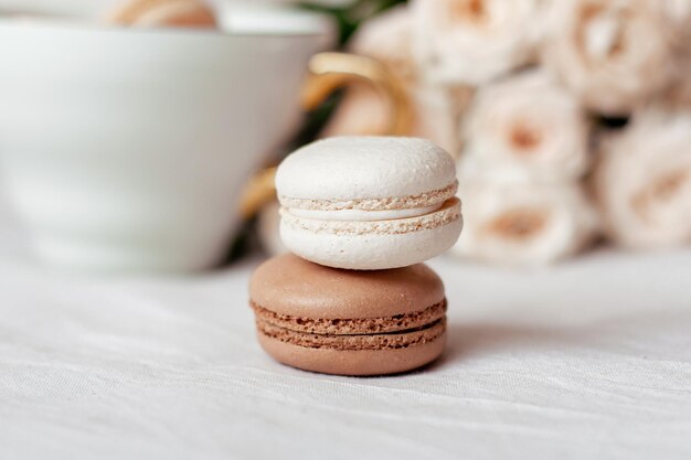 Sweet dessert vanilla and chocolate macaroons on white roses background morning breakfast