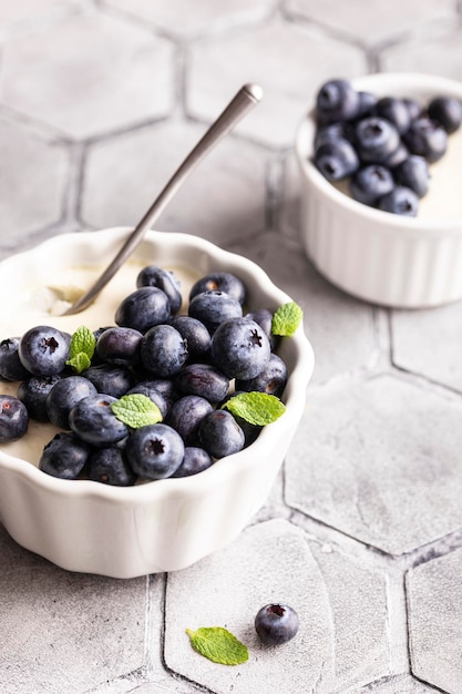 Sweet dessert vanilla panna cotta with blueberries