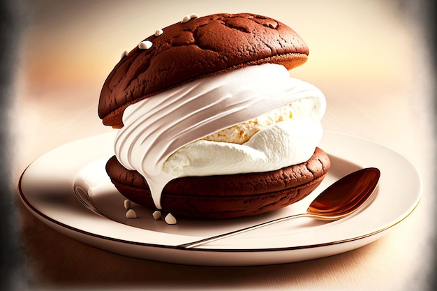 Sweet dessert whoopie pie with cream and marshmallow on white plate