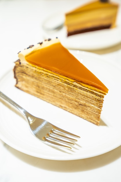 Sweet dessert with caramel crepe cake