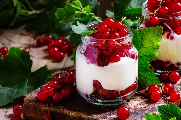 Sweet dessert with red currants cottage cheese and yogurt mousse vintage wooden background selective focus