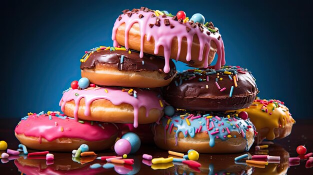 sweet donuts filled with melted chocolate and sprinkles with a blurred background