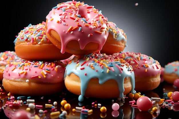 sweet donuts with colorful sprinkles on black background