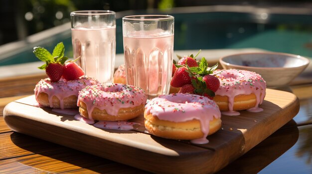 sweet donuts with milk and fruits on the table