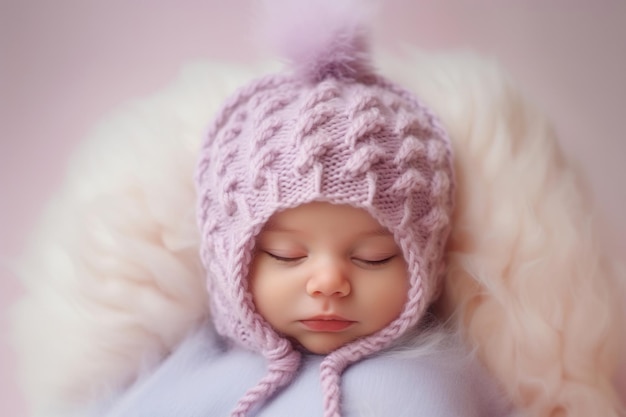 Sweet dreams peaceful baby girl sleeping in a cozy woolen hat Cute newborn concept