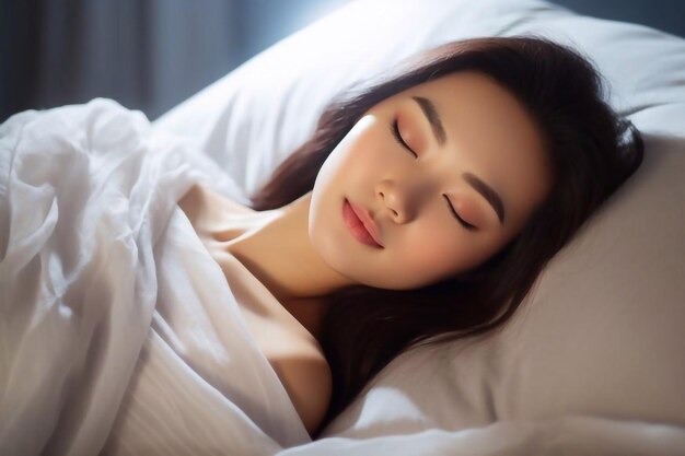 달한 꿈은 아침에 침대에 담요 아래  티셔츠를 입은 예쁜 중국 여성 Side vi