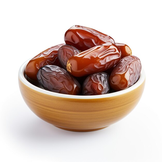 Sweet dried dates in bowl on white background