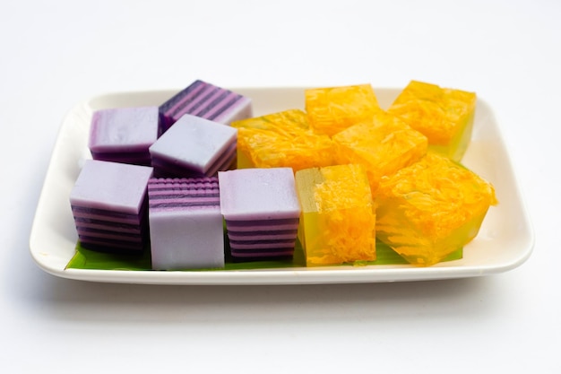Sweet egg floss jelly and coconut milk with butterfly pea flower jelly