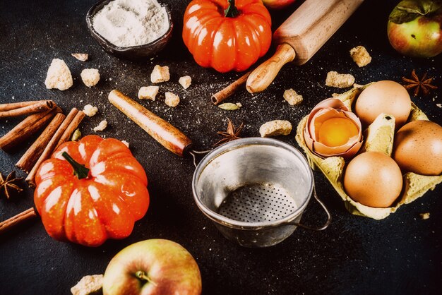 Photo sweet fall baking scene with ingredients and utencils